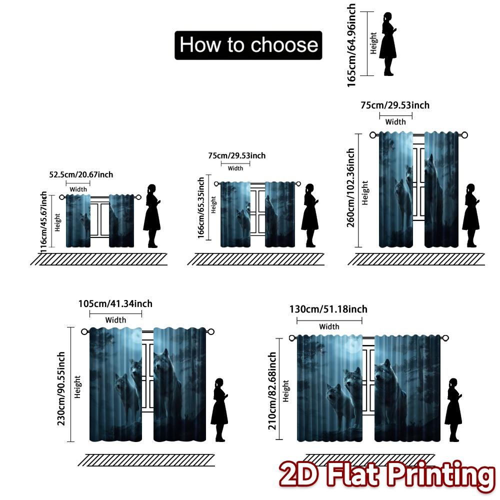 Set Of 2 Contemporary Flat Printing Curtains Without Rod Moonlit Wolves Modern Versatile Polyester Curtain