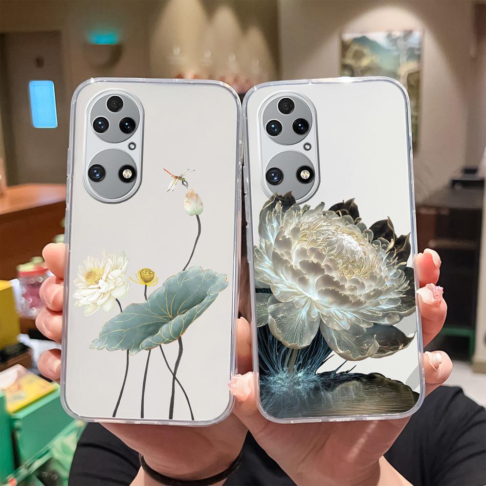 For Huawei P50 Pro P50E Phone Case Lucky Flowers Patterns Transparent Protective Funda For Huawei P 50 Soft TPU Silicone Bumper