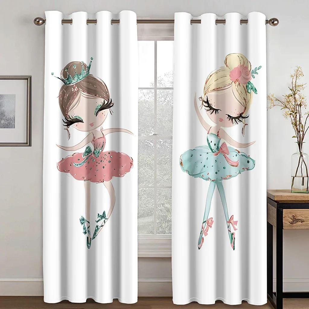 3D 2Panels Pink Princess Dancing Curtains for Kids Girls Bedroom Living Room Window Blinds Floor-to-ceiling Windows Grommet Top