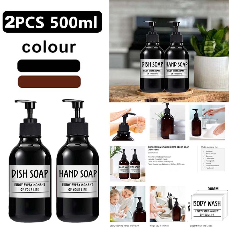 2PCS 500ml Travel Large Capacity Bathroom Soap Shampoo Dispenser Pump Press Bottle Multi-purpose Liquid with 6 Labels