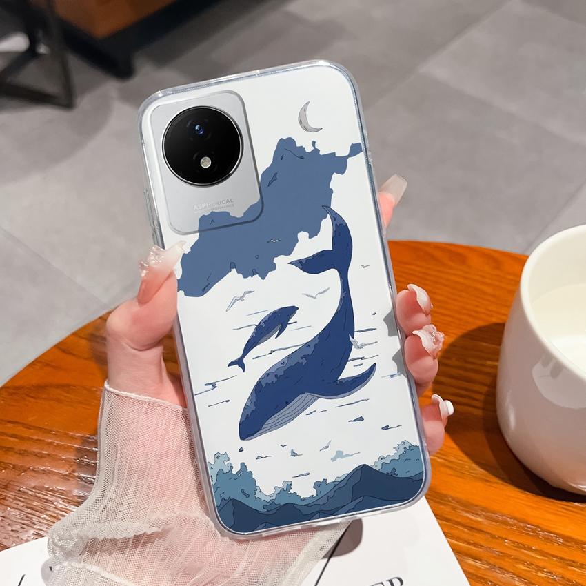 For Vivo Y02 Y02A Y02S Y10 Y11 Y12 Y12a Y13 Y15 Y15a Y16 Y17 Y19 Clear TPU Case Ocean Whale Pattern Anti Drop Back Cover For Vivo Silicone Phone Shell