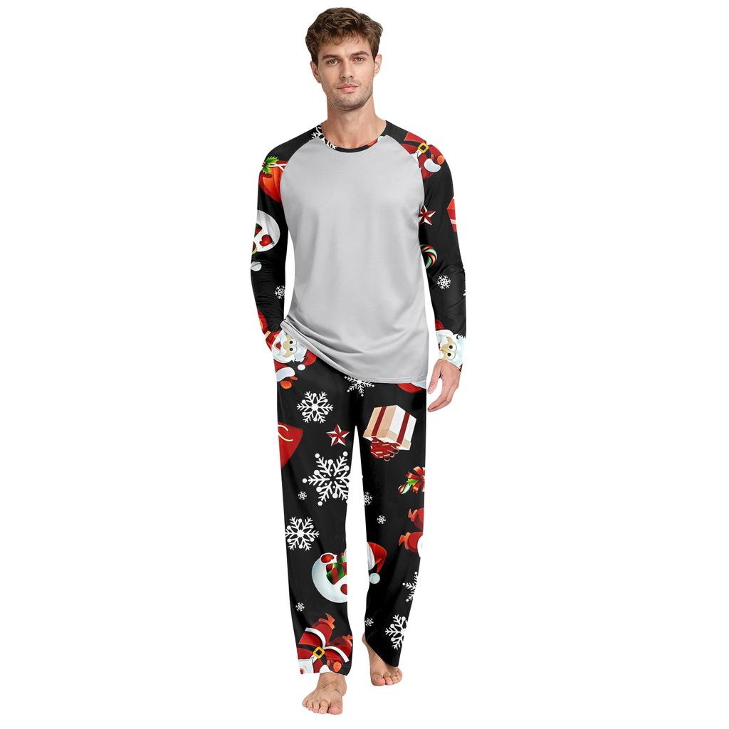 Men's Printed Round Neck Top Casual Comfortable Long-Sleeved Pants Pajama Set