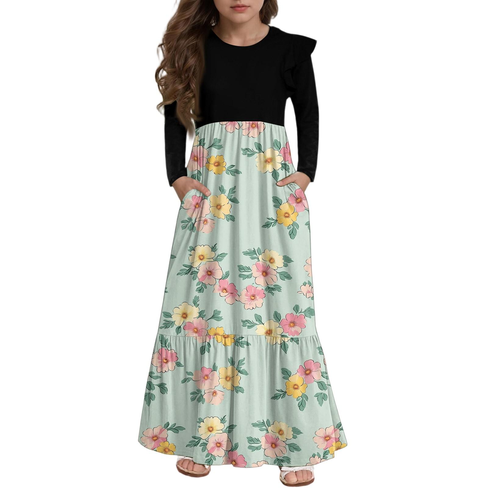 

Girls Tiered Ruffle Dress - Long Sleeve Printed Maxi With Pockets 140