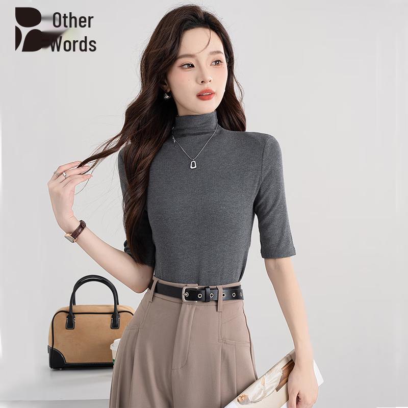 Women s Ribbed Mock Neck Mid-Sleeve Slim Fit T-Shirt S