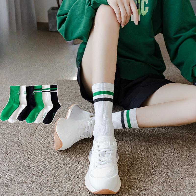 Female Spring and Autumn Letter Stripe Embroidered Green Street Sports Academy Wind Tube Socks
