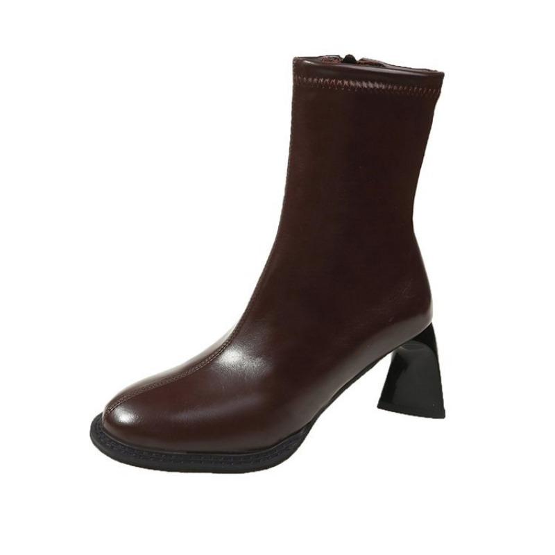 Round head retro thin boots women's early autumn new high-heeled short boots temperament versatile short tube side zipper thick-heeled boots