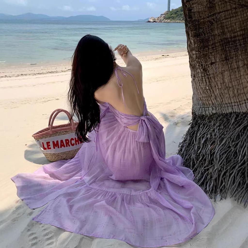 New summer holiday style suspender skirt backless beach skirt women's summer seaside photo dress super fairy