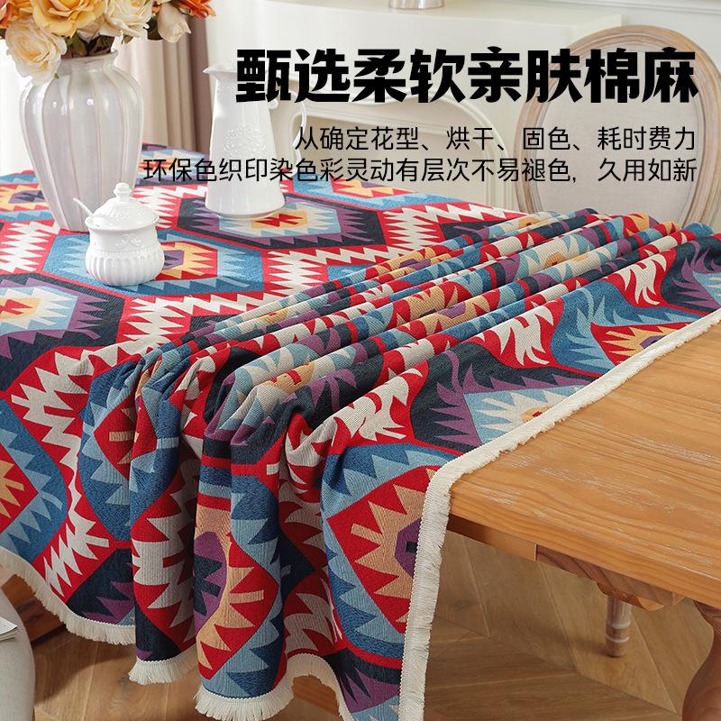 Bohemian Fringed Tablecloth American Retro Jacquard Cotton Linen Heavy Duty Dining Table Cover