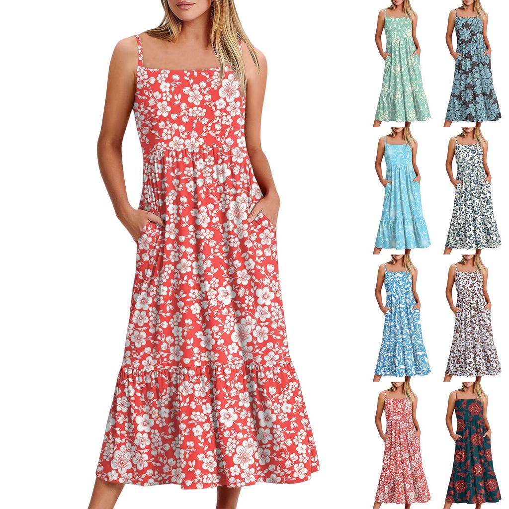 Women's Long Beach Casual Elegant Spaghetti Strap Maxi Dress Stitching Low-key Flowing Bohemian Dress