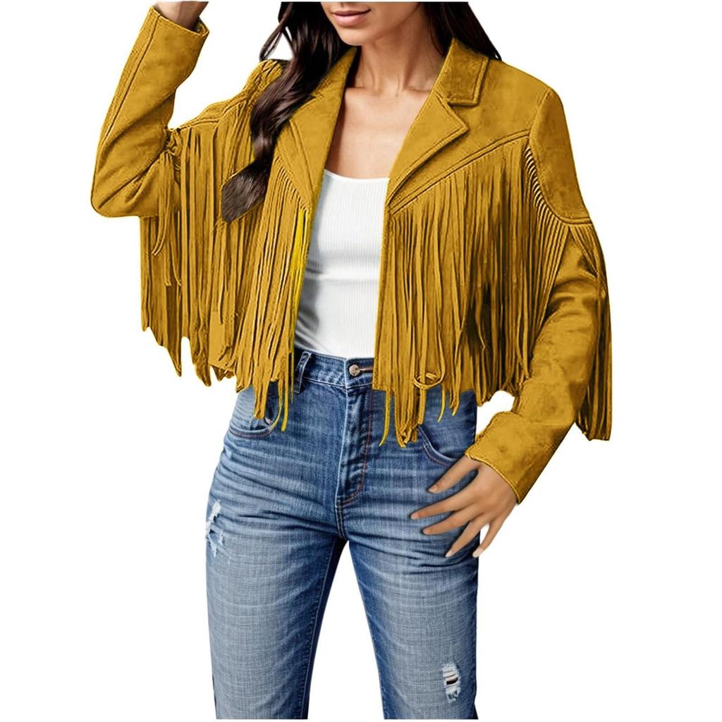 Women Faux Suede Leather Tassel Jackets - Vintage Lapel Open Front Cowboy Style Long Sleeve Tassels Cardigan Coat Tops