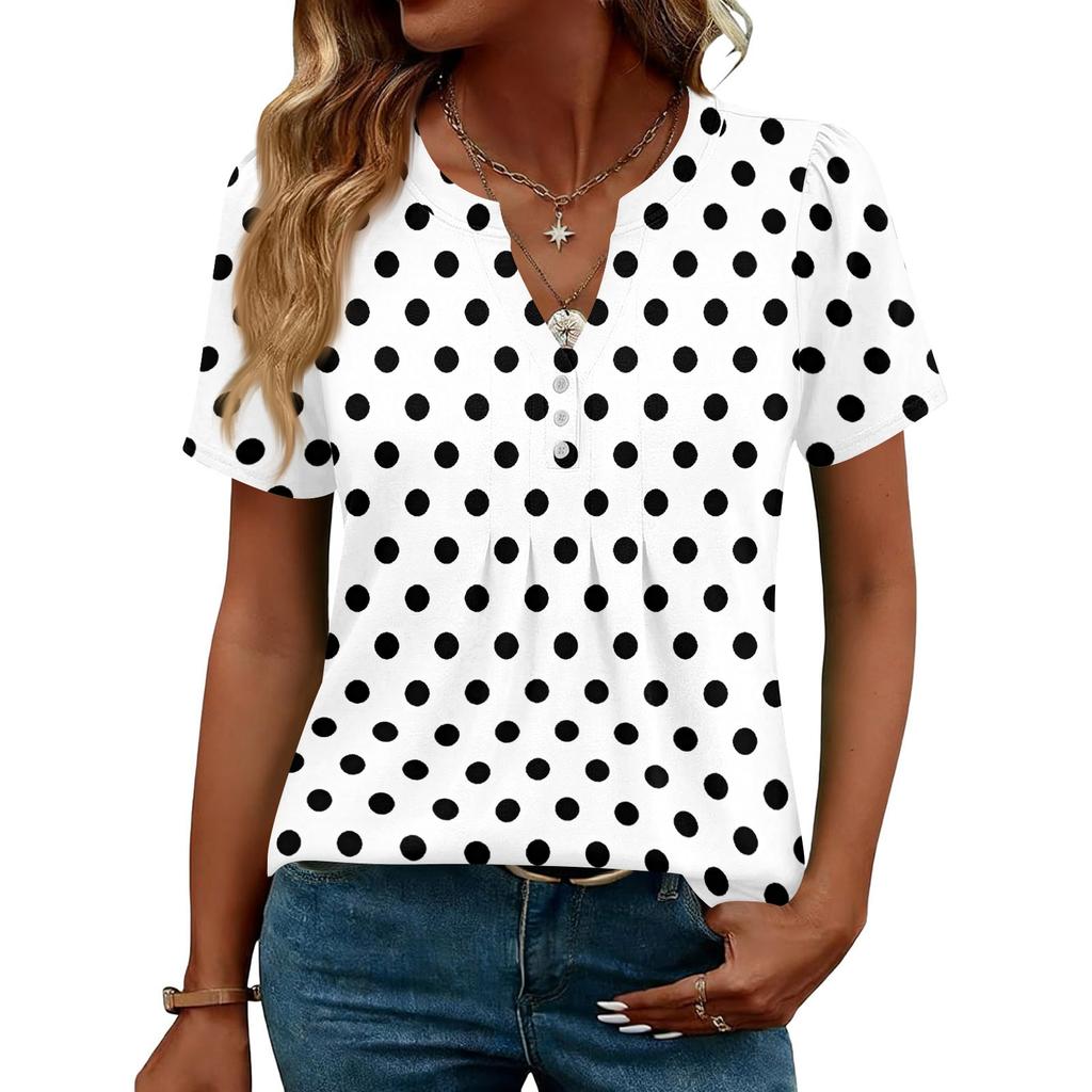 Damen Oberteile Festlich Lässig V-Ausschnitt Kurzarm Hemden Plissierte Blusen Knopfleiste Tunika