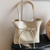 Korean lazy style large capacity tote bag women's strap bow pleats oil wax leather shoulder bag blue bucket bag