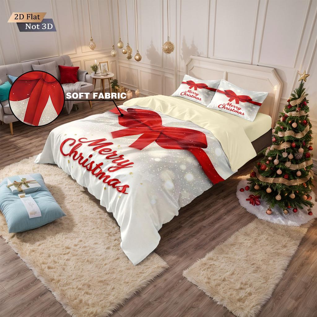 3pcs Merry Christmas Red Bow Printed Chipless Bedding Set Multi Size Bedroom Bedding Holiday Decoration Machine Washable