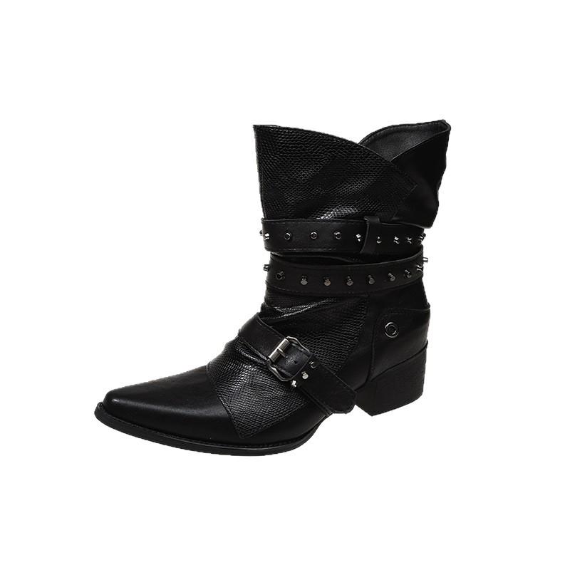 Spice Girl Short Boots Punk Rivet Belt Buckle Knight Boots Women's Pointed Head Coarse Heel Medium Boots Skinny Motorcycle Boots Large Size