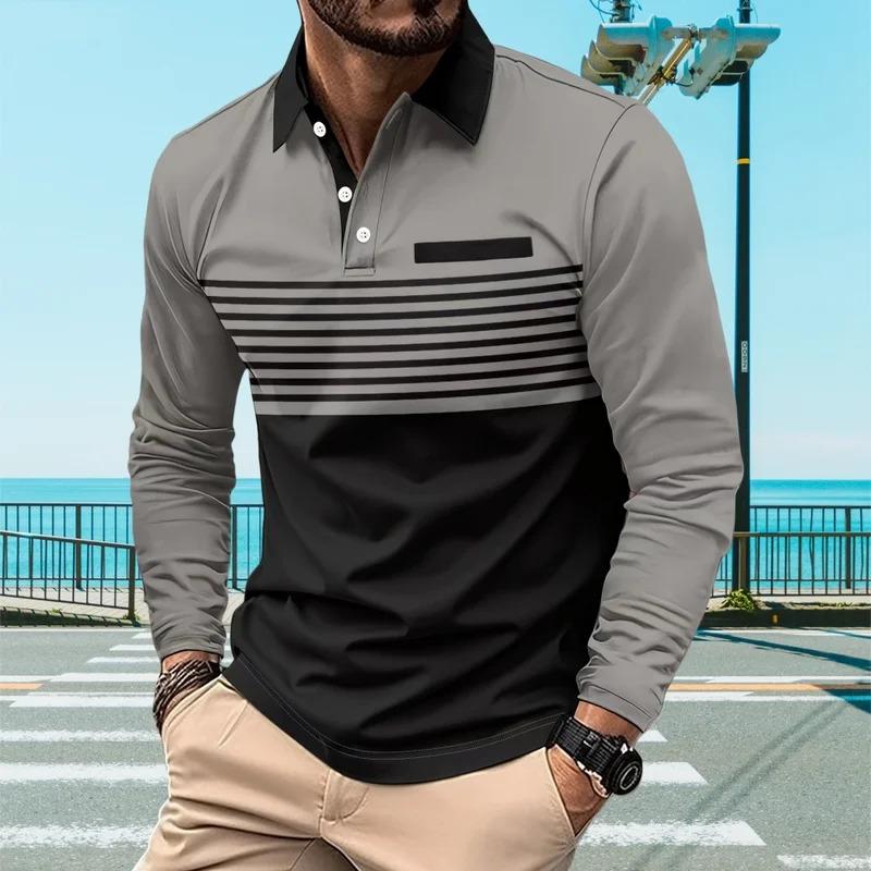 Mens Polo Shirts 3D Stripe Colorblock Print Fashion Sports Lapel Golf T-Shirt Men Tops Casual Long Sleeve T-Shirt Man Clothes
