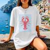 Jhyf Retro Vintage Americano Estate Vacanza al Mare a Strisce Aragosta Piccante Oversize Maglietta a Maniche Corte Unisex Stile Street Oversi