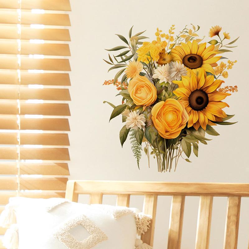 Warm Sunflower and Green Leaves Wall Sticker Self-Adhesive Removable Wall Decor for Bedroom Living Room Hallway Home Decoration