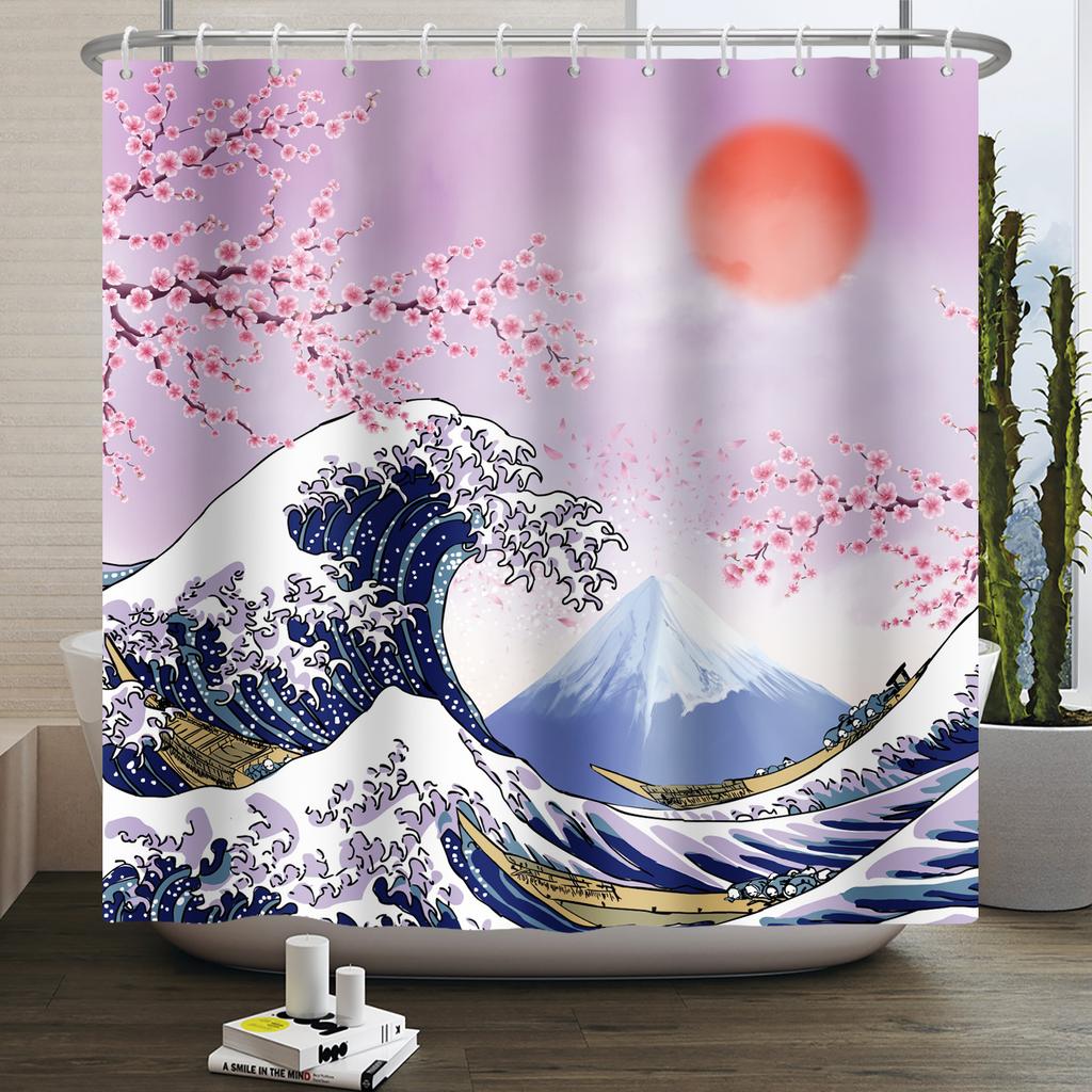 Japanese Ukiyo-e Shower Curtain The Great Wave of Kanagawa Mount Fuji Cherry Waterproof Shower Curtain for Bathroom Bathtub Deco