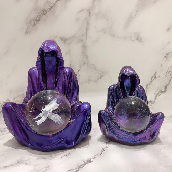 Grim Reaper Statue Gothic Crystal Ball Stand Bookshelf Decor Mysterious Creepy Wizard Robe Sculpture for Halloween Home Decor