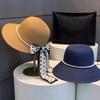 Elegant Pearl Bowknot Sun Hat for Women - Wide Brim, UV Protection Straw Bucket Cap with Chic French Style Design