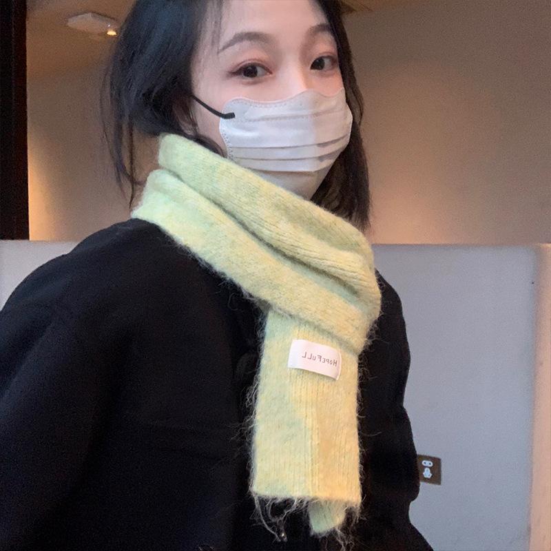 Green Knitted Scarf Women's Autumn and Winter White Korean Version Ins Solid Color New Student Warm Wool Scarf
