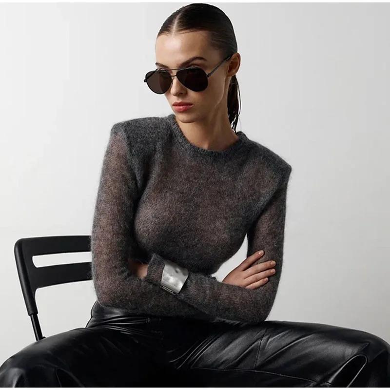 Transparentní úplet Jednobarevný Dámský svetr s výstřihem do O Dlouhý rukáv Tenký perspektiva Dámské svetry Jarní Elegantní Pletené Lady