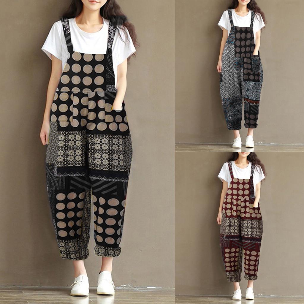 Women Bib Jumpsuit Vintage Print Bohe Loose Pants Cotton Linen Overalls Women Bib Jumpsuit Vintage Print Bohe Loose Pants Cotton Linen Overalls