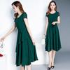 Women's Summer Midi Dress O-neck Short Sleeve A-Line Dress Casual Layered Hem Lace-up Dress