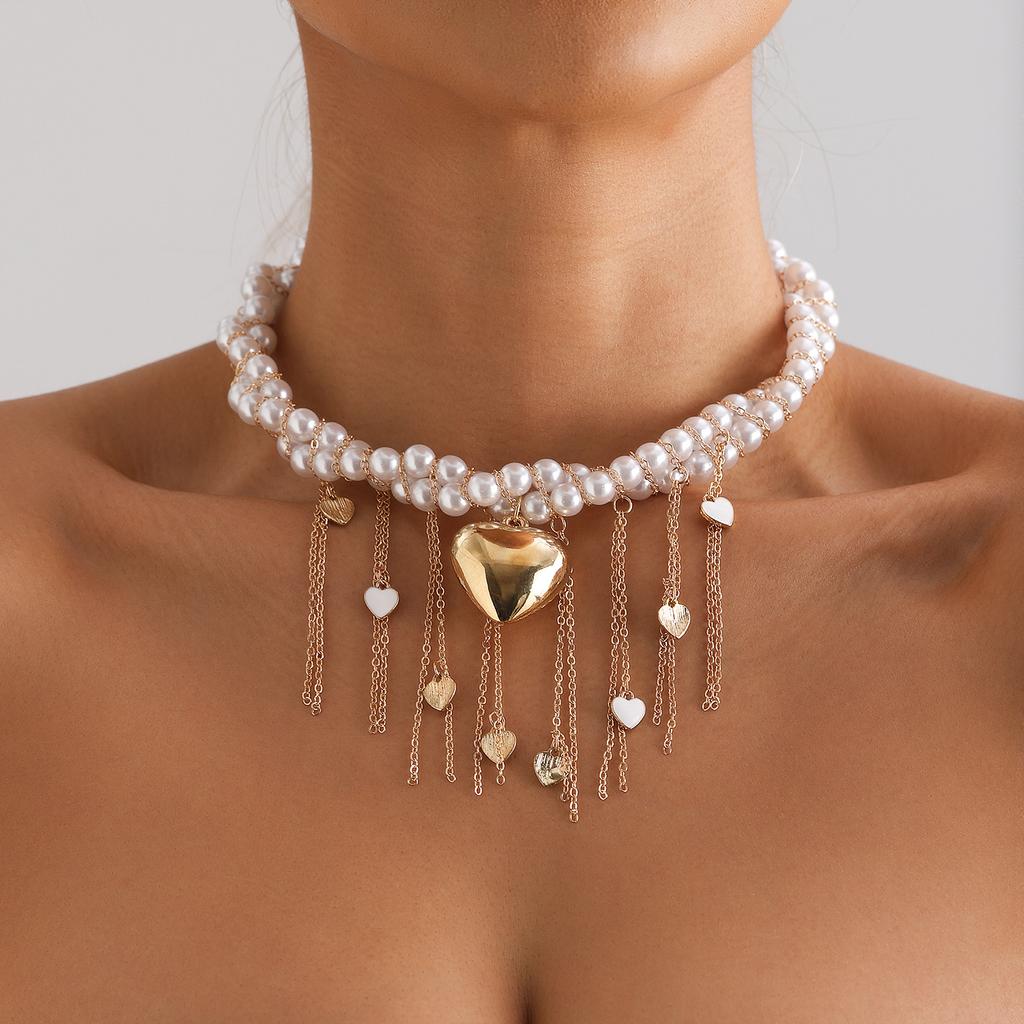 Accessories, Personalized Retro Style Exaggerated Peach Heart Collarbone Chain, Neck Chain, Trendy Multi-Layer Pearl Necklace