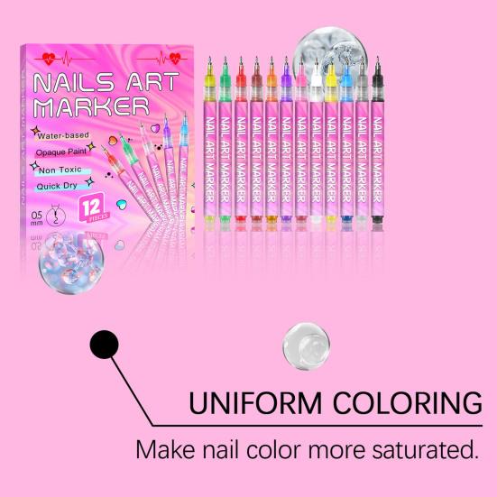 1 Zestaw 12 Kolorów Pisaki do Nail Art 0.5MM DIY Żelowy Nail Art Markery do Farby Akrylowej Szybkoschnące Graffiti Kropkowanie Końcówka Linery Narzędzia do Rysowania i Malowania Nail Art