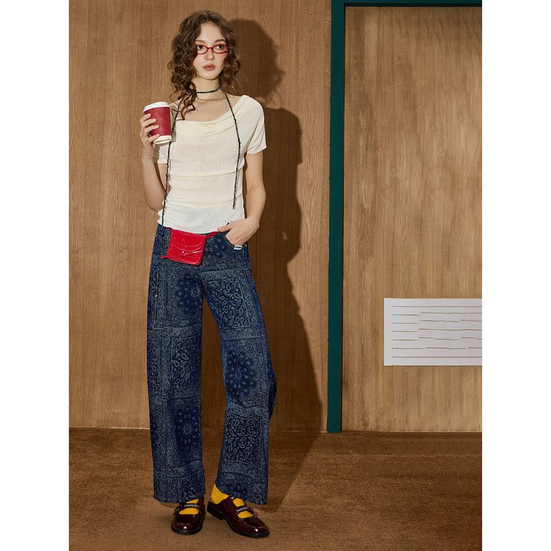 Coolhut2025 Autum Washed High Street Design Paisley Pattern Wide-Leg Women's High-Waisted Jeans