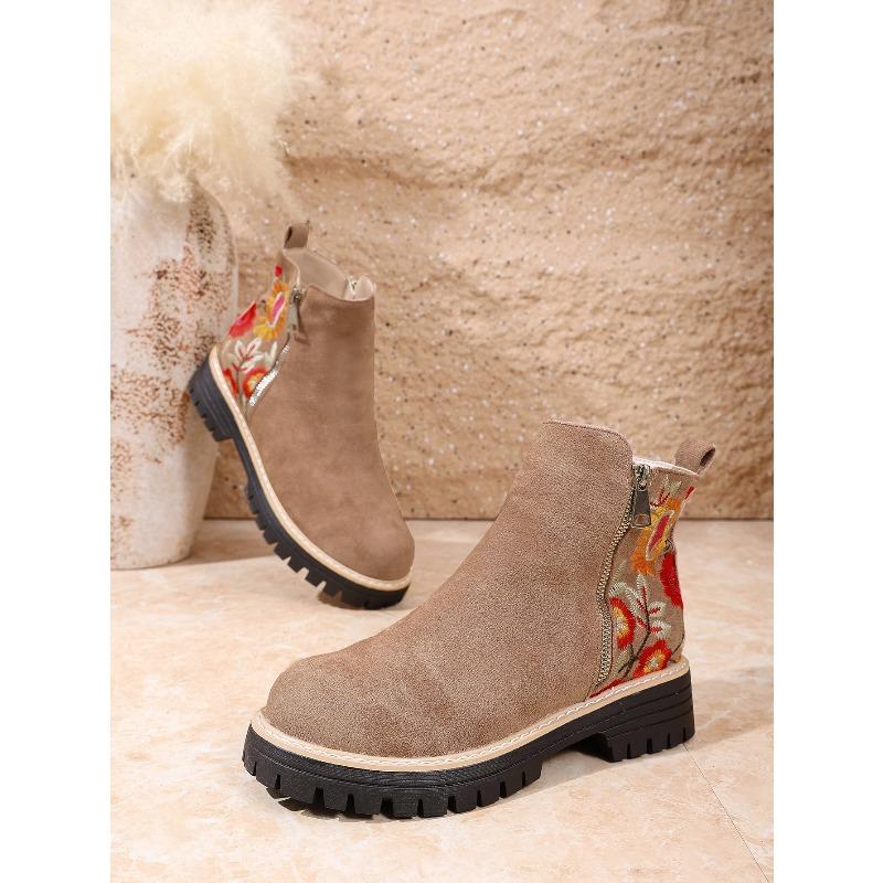 Winter 2025 Suede Print Booties Women's Plus Size Side Zipper Vintage Round Toe Muffin Martin Boots