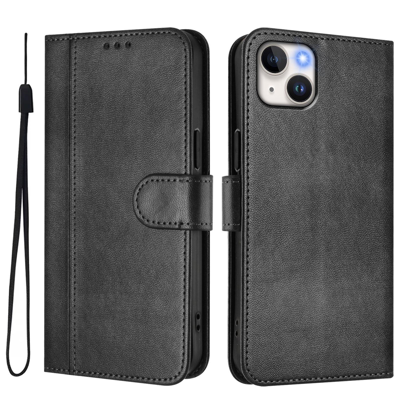 

For iPhone 15 Plus Cases Wallet Stand Retro Texture Leather Phone Cover with Lanyard Black