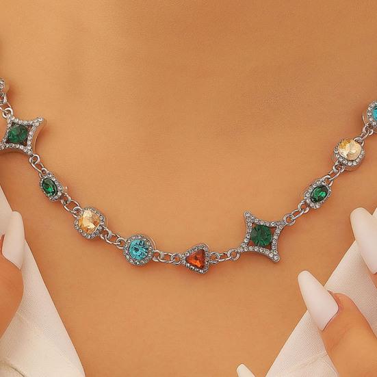 Colorful Faux Gem Necklace Women Retro Necklace Bracelet Sparkling Rhinestone Necklace for Jewelry Gift Parties Dating Weddings