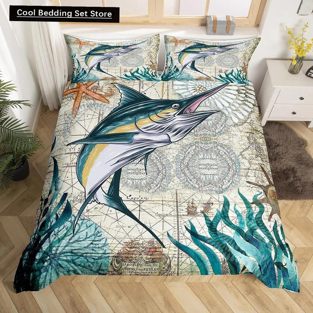 Teal Comforter Cover King Queen Ocean Spanish Mackerel Duvet Cover Nautical Underwater World Marine Life Polyester Bedding Set