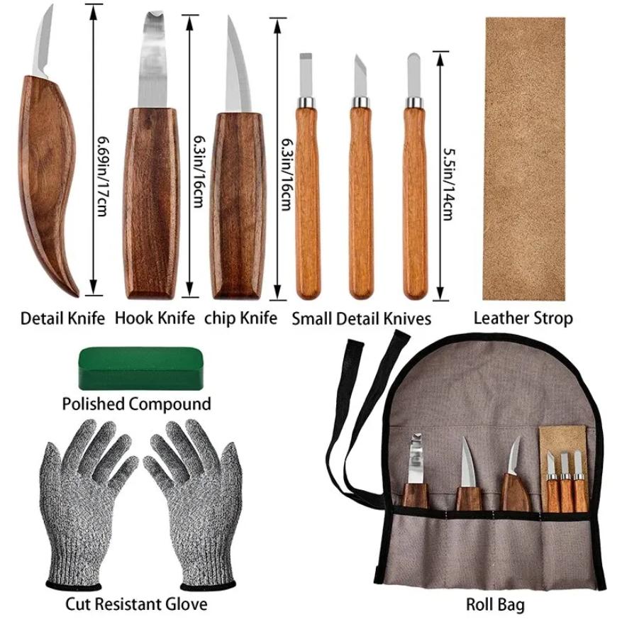 10 Stück Holzschnitzwerkzeuge Set mit Detail Holzschnitzmesser Holzmeißel Messer Handschuhe Schnitzmesser Schärfer Holzbearbeitungswerkzeuge