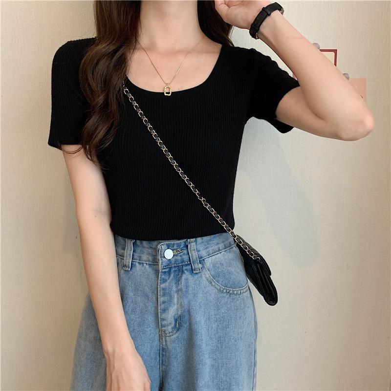 Fashion Ice Silk Short Sleeved Knitted Women's T-shirt Spring Summer New Slim Fit Thin Pullover Bottomed Sweater Women's Short Top Women's Clothing