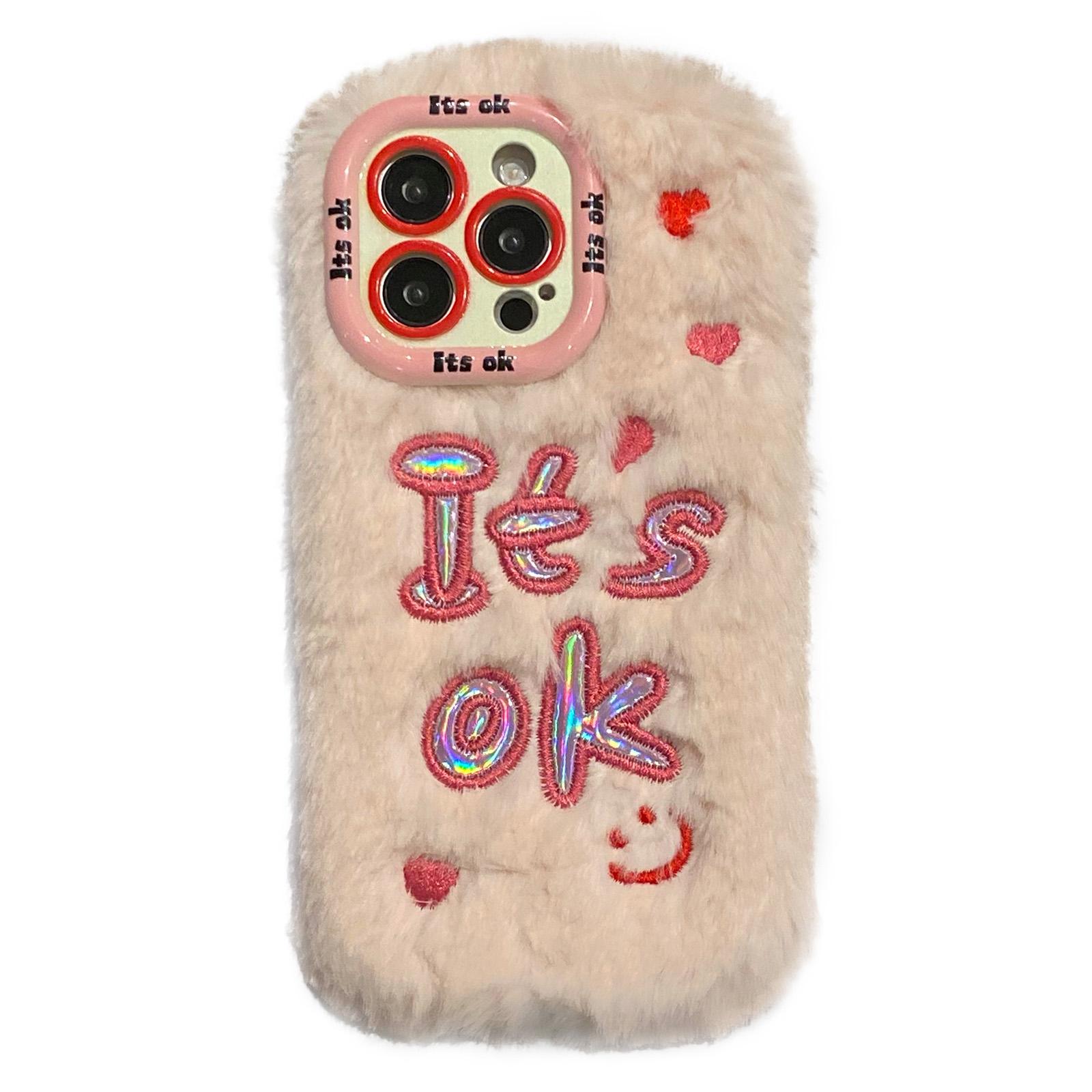 

KJS-006 For iPhone 15 Pro Max Case It’S OK Lens Kickstand TPU Plush Furry Phone Cover A