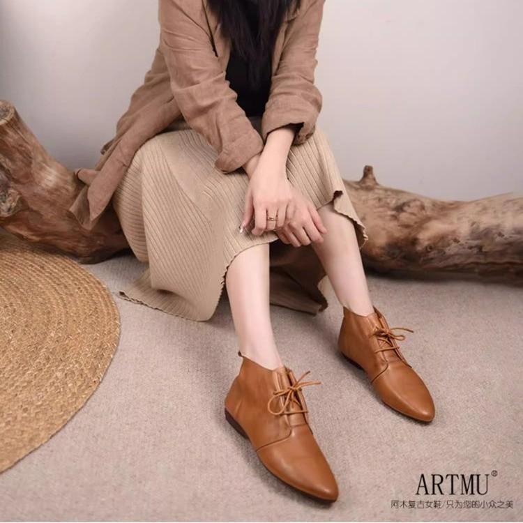 Fashion New Women's Ankle Boots Lace Up Leather Shoes Pointed Toe Flats Soft Sneakers for Female Motorcyle Boots Black Booties