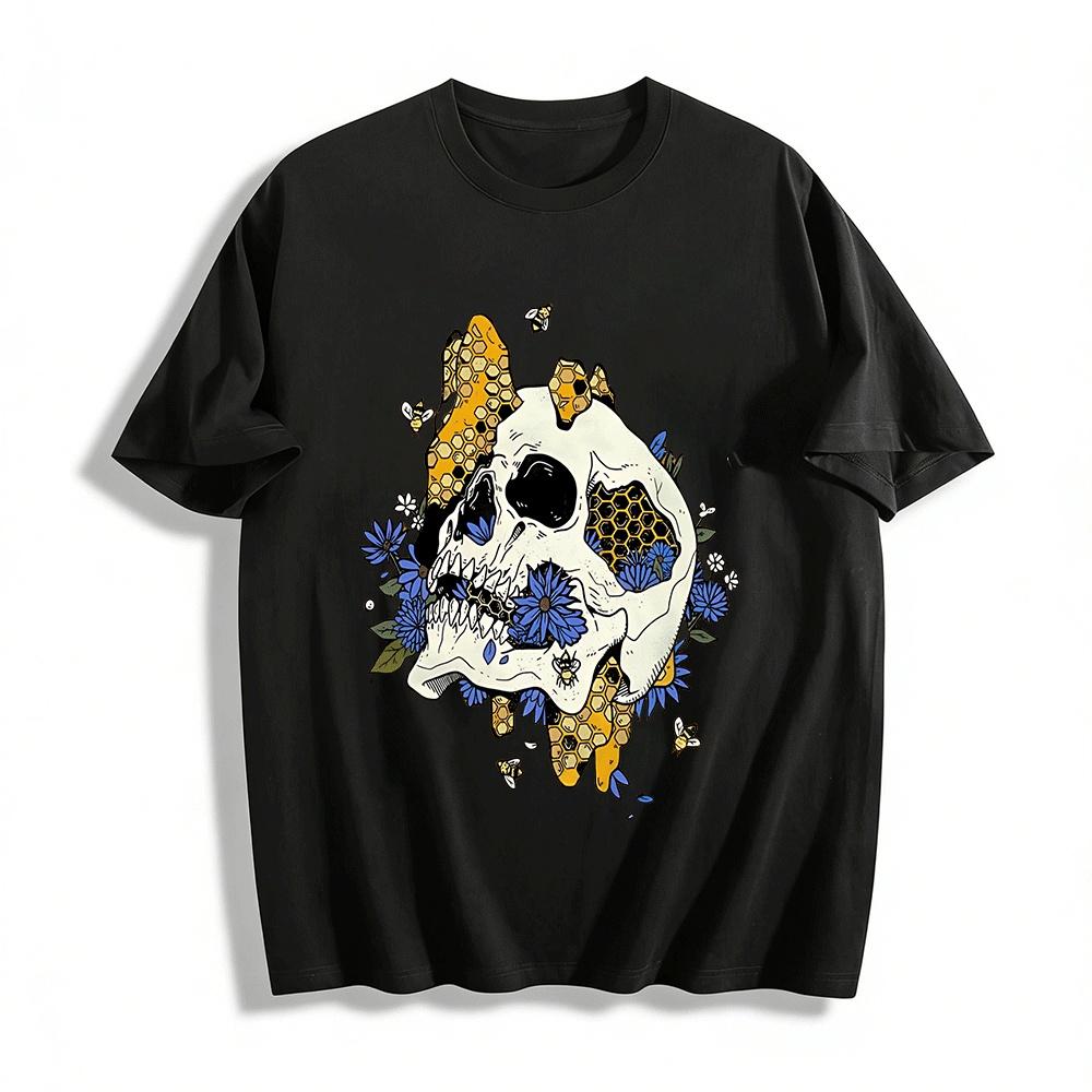 

Skull With Honeycomb Blue Floral Graphic Casual Tee Pure cotton T-shirt XXS