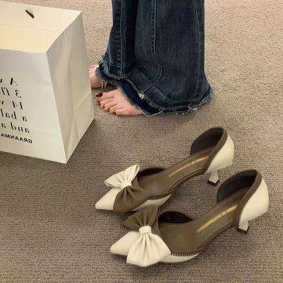 Ladies Shoes Pointed Toe Footwear Leather Summer 2024 Stiletto Sandals for Women Closed Beige Vintage Thin Heels Vip H Shoe F Or