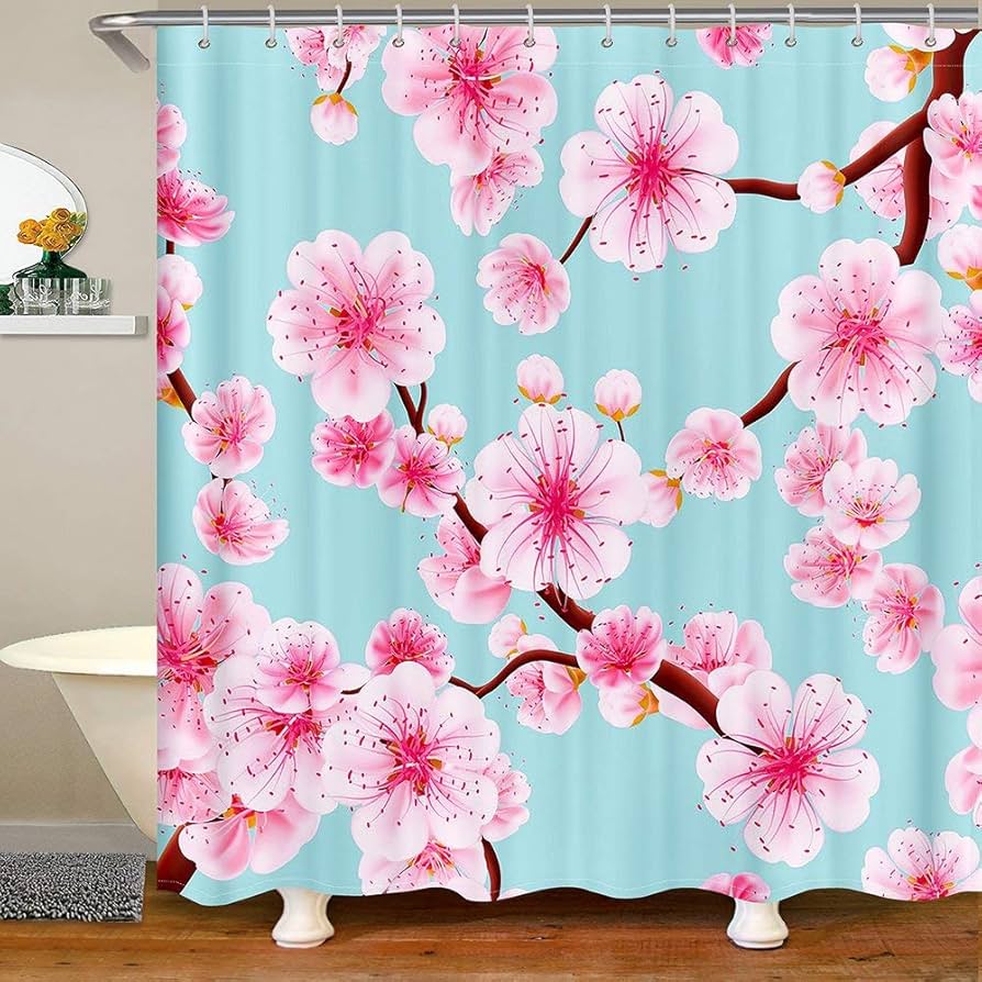 Pink Floral Shower Curtain Kids Decor Spring Flower Park Forest Road Landscape Scenic Bathroom Curtain Decor Set with 12 Hooks