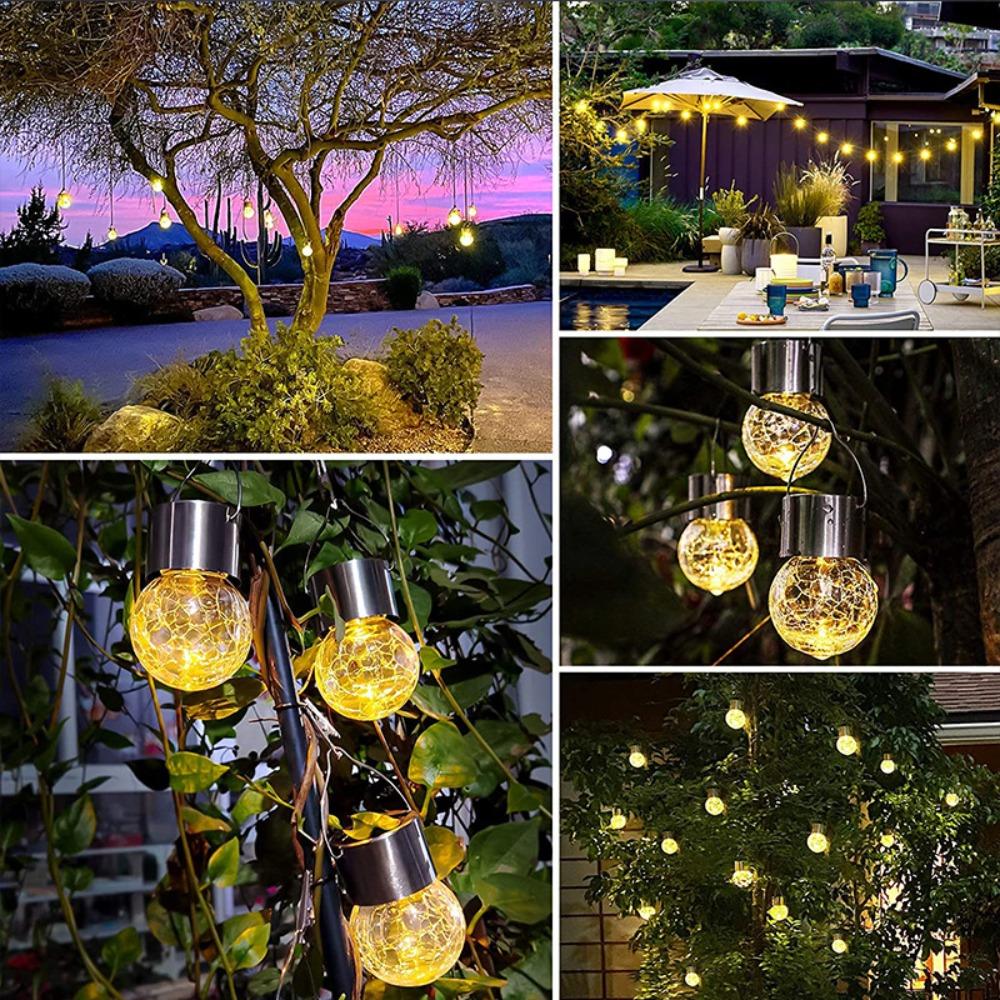12Pcs Solar Powered Outdoor Hanging Lights Colorful LED Cracked Glass Ball Design Waterproof Pathway Lantern for Garden Decor