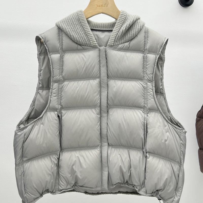 Europäischer Mode Patchwork Strick Kapuzen Daunenweste für Damen - 2026 Herbst/Winter Trendige Lockere Puffer Weste Jacke