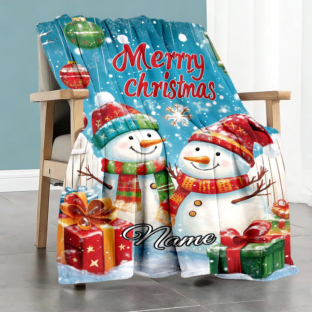 Beautiful Christmas Two Snowman Personalized Text Blanket Multi-purpose Customizable Blanket Ultra-Soft Versatile for Bed Livingroom Office Couch