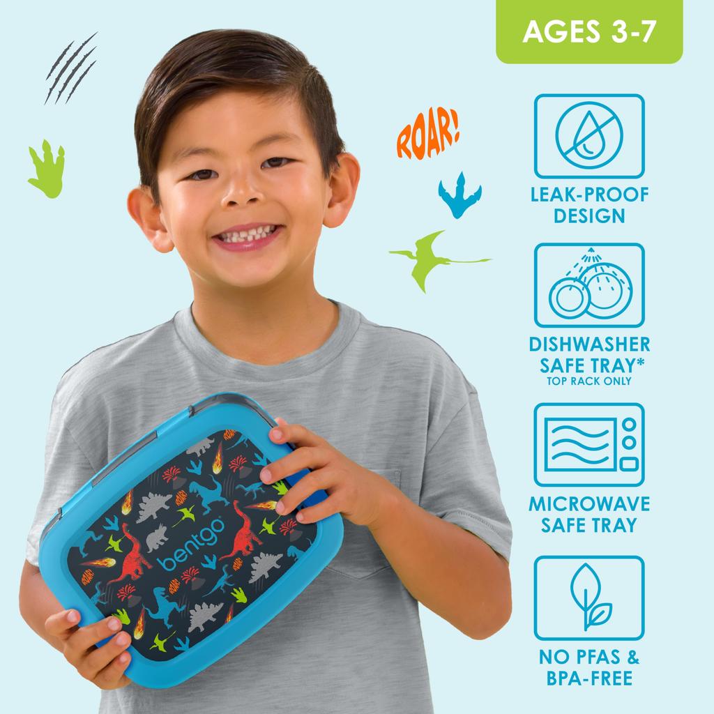 Bentgo Kids' Lunch Box with Kids' Print Dinosaur Design, Leak-Proof, 5-Compartment Bento Style, Ideal Meal Sizes for Kids Ages 3-7, Made with