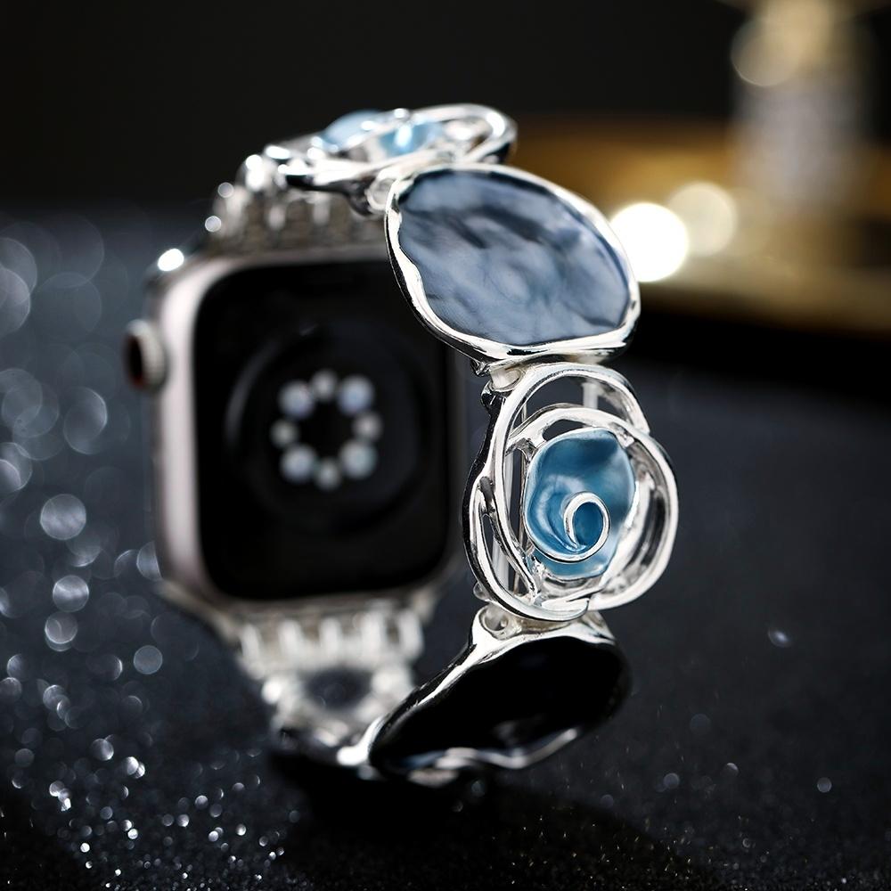 Vintage Dutý Růžový Elastický Náramek pro Apple Watch se 40mm Řemínek 42 44 45 49 38 41mm Květinový Kovový Řemínek pro iWatch 9 8 7 6 5 4