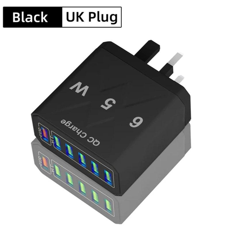 65W 6 Ports USB Charger Fast Charging QC3.0 Travel Charger for IPhone 14 Samsung Xiaomi Mobile Phone Adapter EU KR US UK Plug