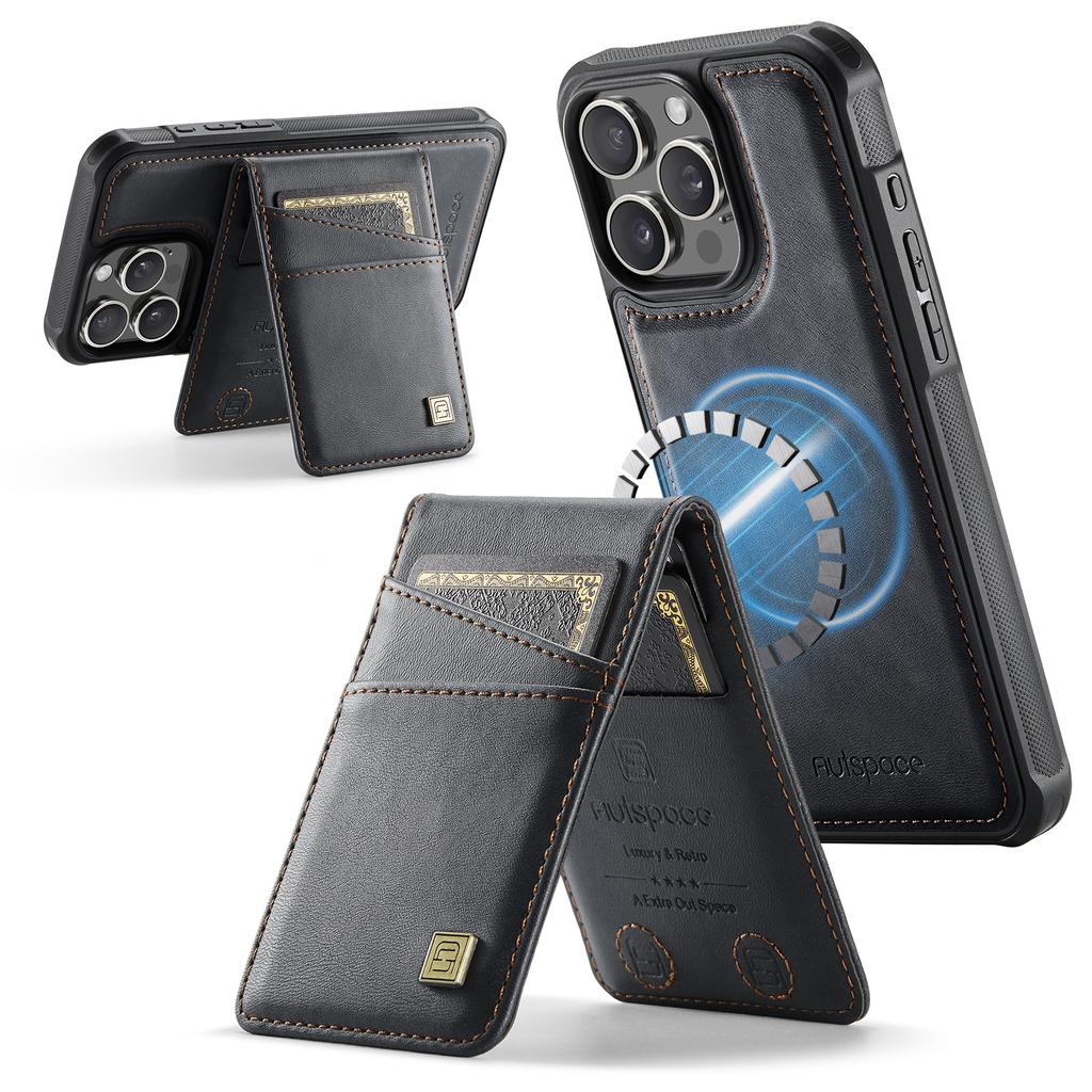 For iPhone 16 Pro Max Case AUTSPACE A12 Leather Back Cover with Magnetic Detachable Card Bag Kickstand
