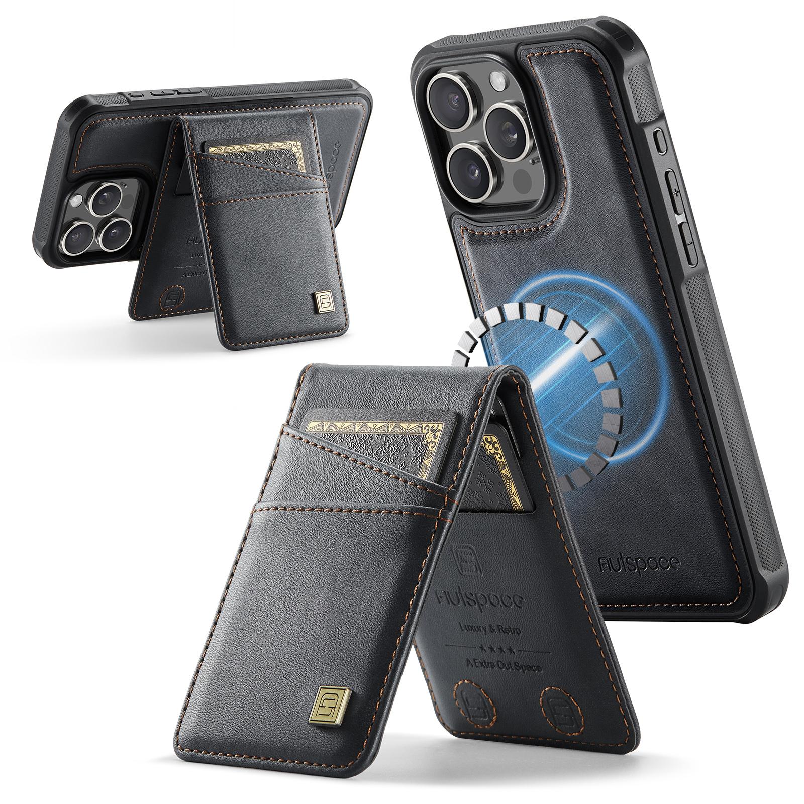 

For iPhone 16 Pro Max Case AUTSPACE A12 Leather Back Cover with Magnetic Detachable Card Bag Kickstand Black